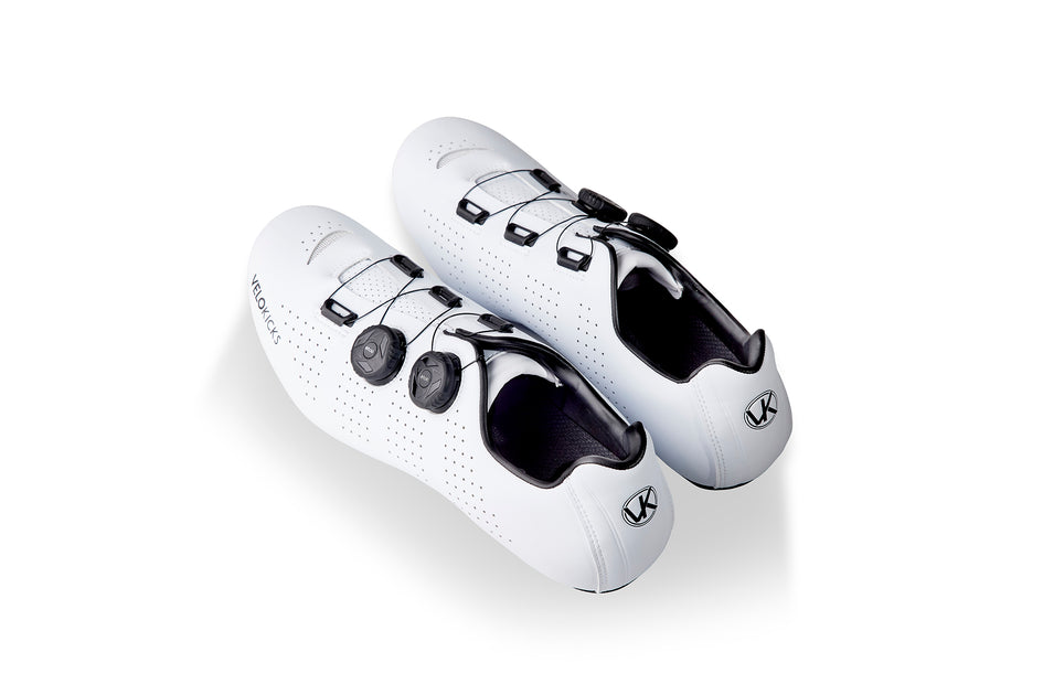 VeloKicks Blanco Dials - white road cycling shoes