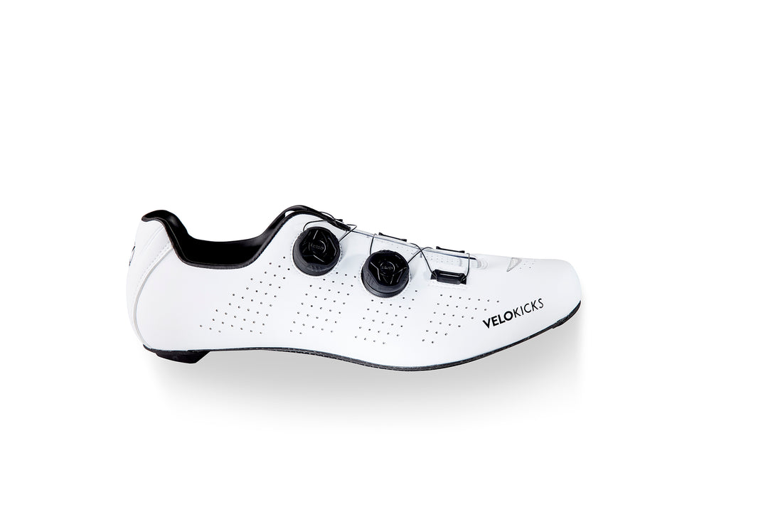 VeloKicks Blanco Dials - white road cycling shoes